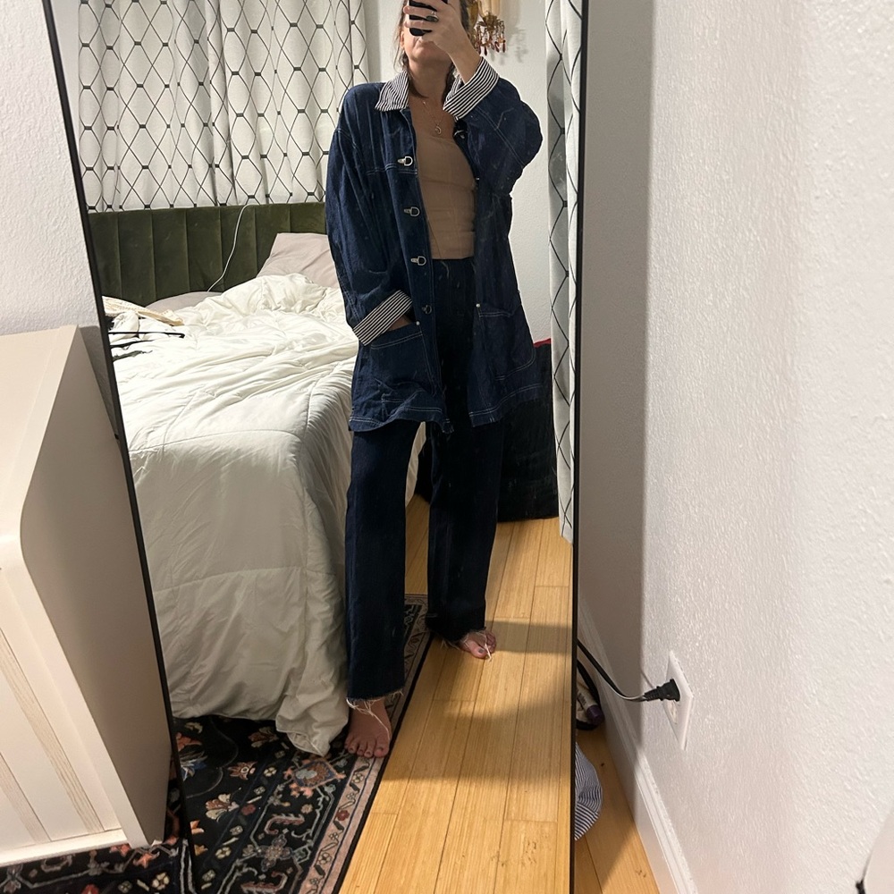 Stylish vintage Dark Blue Denim Jacket with metal buttons